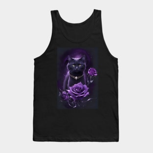 Mystical Purple Black Cat With Diamonds and Roses Tank Top